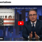 Screenshot of Last Week Tonight with John Oliver featuring a graphic about Mass Deportation that includes silhouettes of people walking in a line on top of an American flag