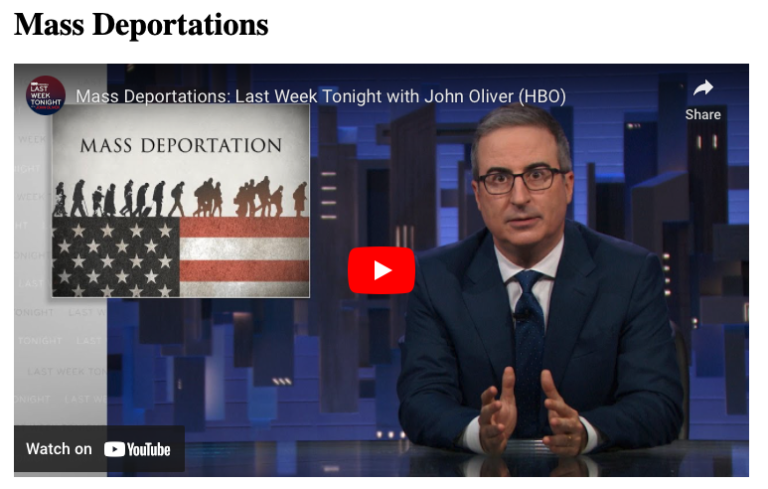 Screenshot of Last Week Tonight with John Oliver featuring a graphic about Mass Deportation that includes silhouettes of people walking in a line on top of an American flag